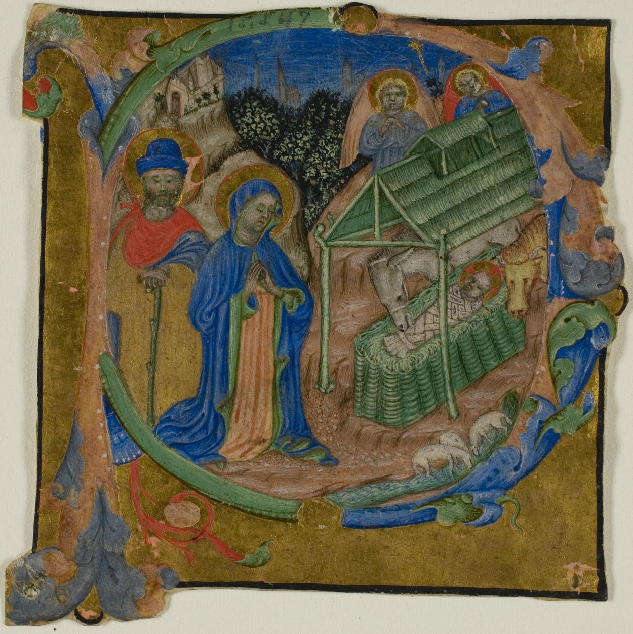Die Geburt Christi in einem historisierten Initial "P" aus einem Chorbuch von Master of the Brussels Initials