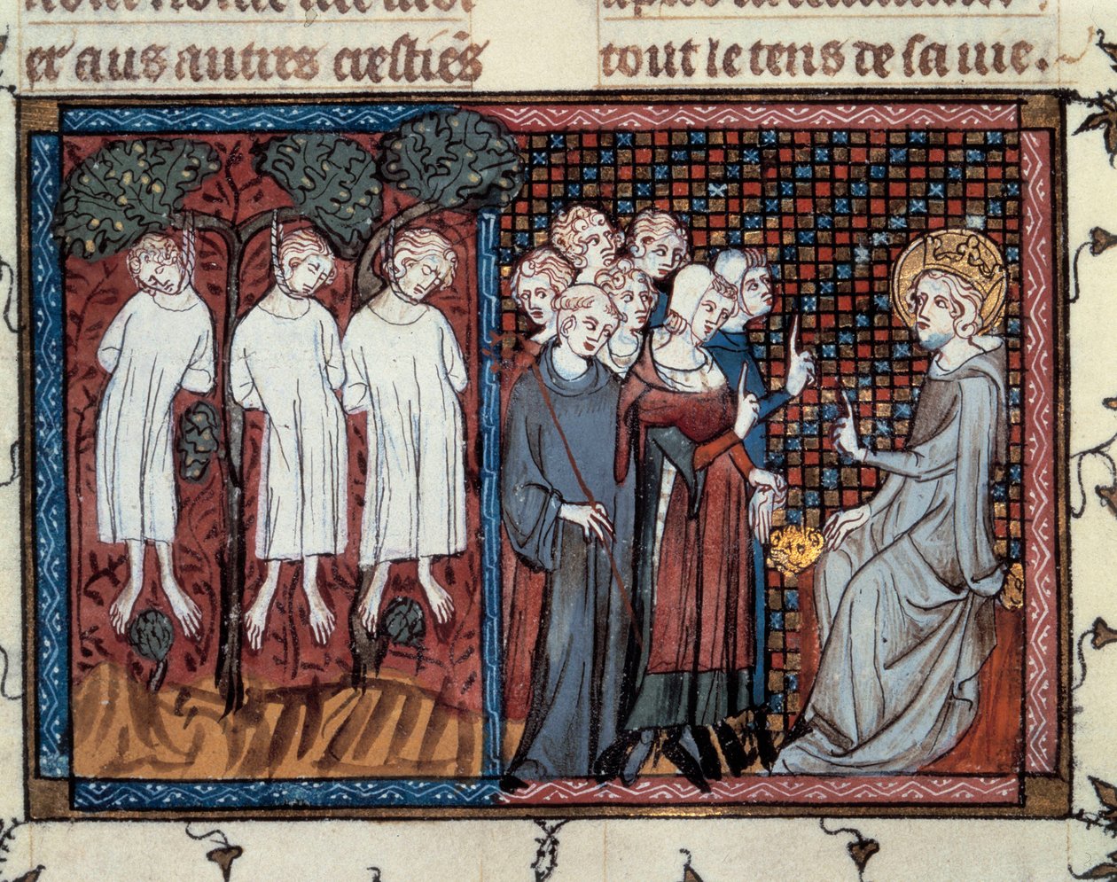 Hinrichtungen angeordnet von Enguerrand IV de Coucy. Louis IX spricht Recht. Miniatur von Mahiet in „Leben und Wunder von Saint Louis“, Manuskript von Guillaume De Saint Pathus von Master of the Cambrai Missal Mahiet