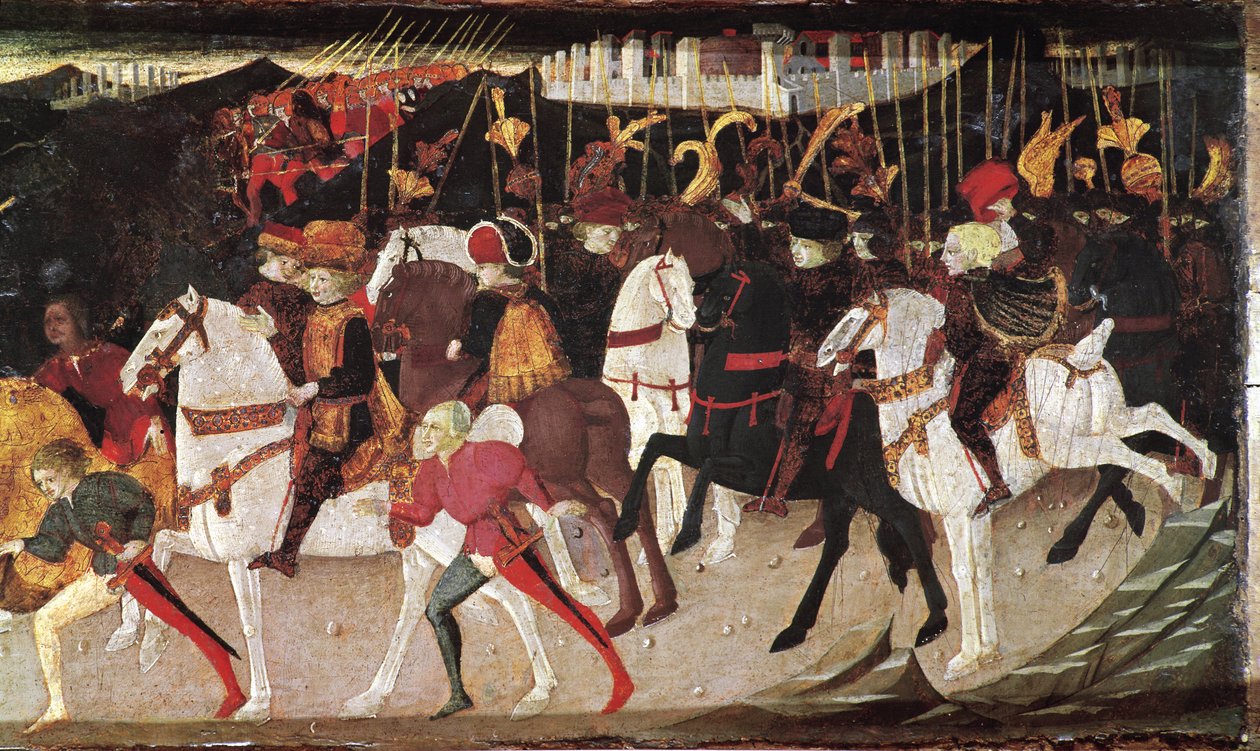Decameron von Boccaccio: Geschichte von Alatiel, Tochter des Sultans von Babylon Beminedab, Detail mit Reitern und Pagen (7. Geschichte des zweiten Tages) von Master of the Cassoni