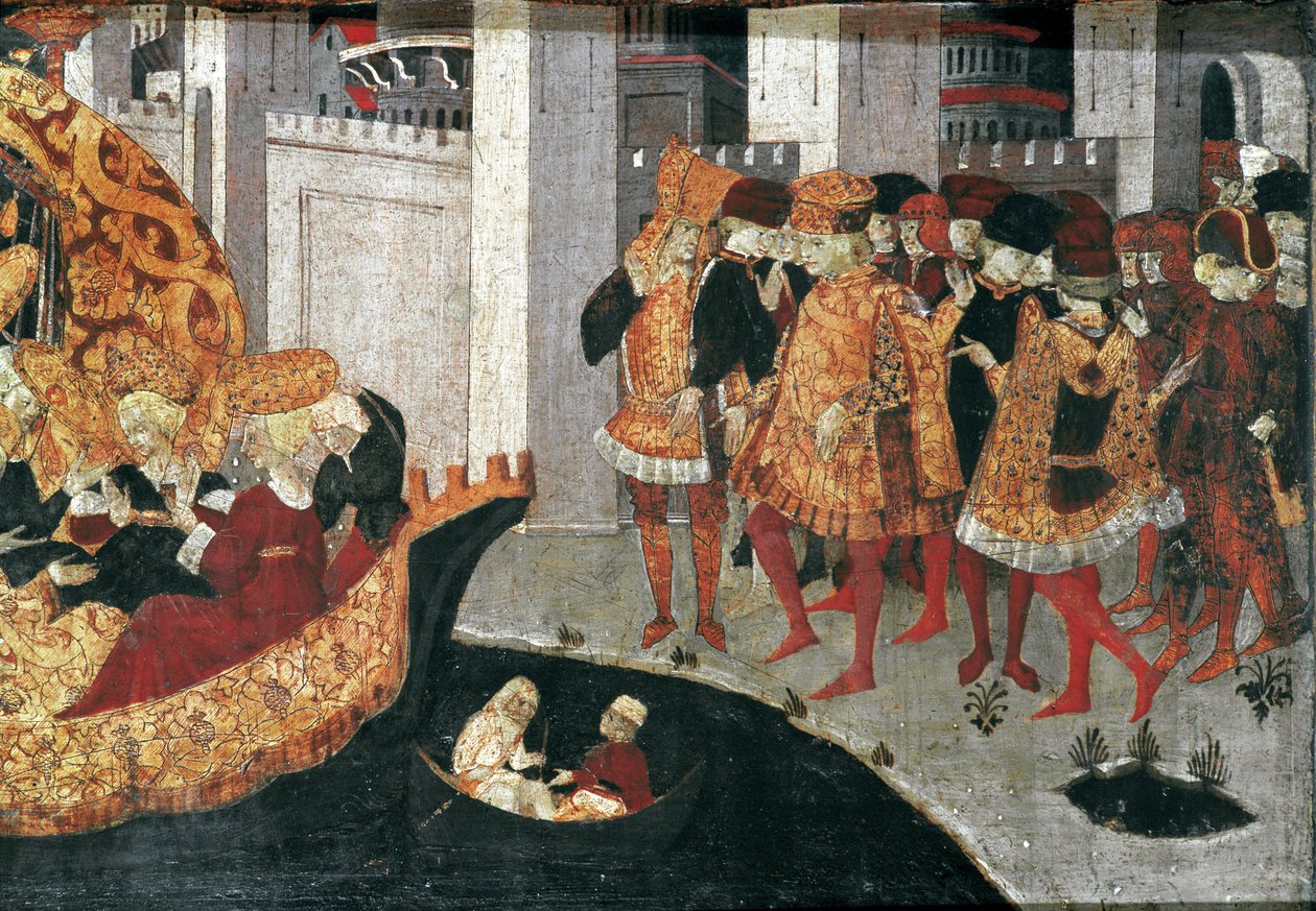 Decameron von Boccaccio: Der Burgherr Pericone empfängt Alatiel, Tochter des Sultans von Babylon Beminedab, und ihre Gefolgschaft auf der Insel Mallorca von Master of the Cassoni