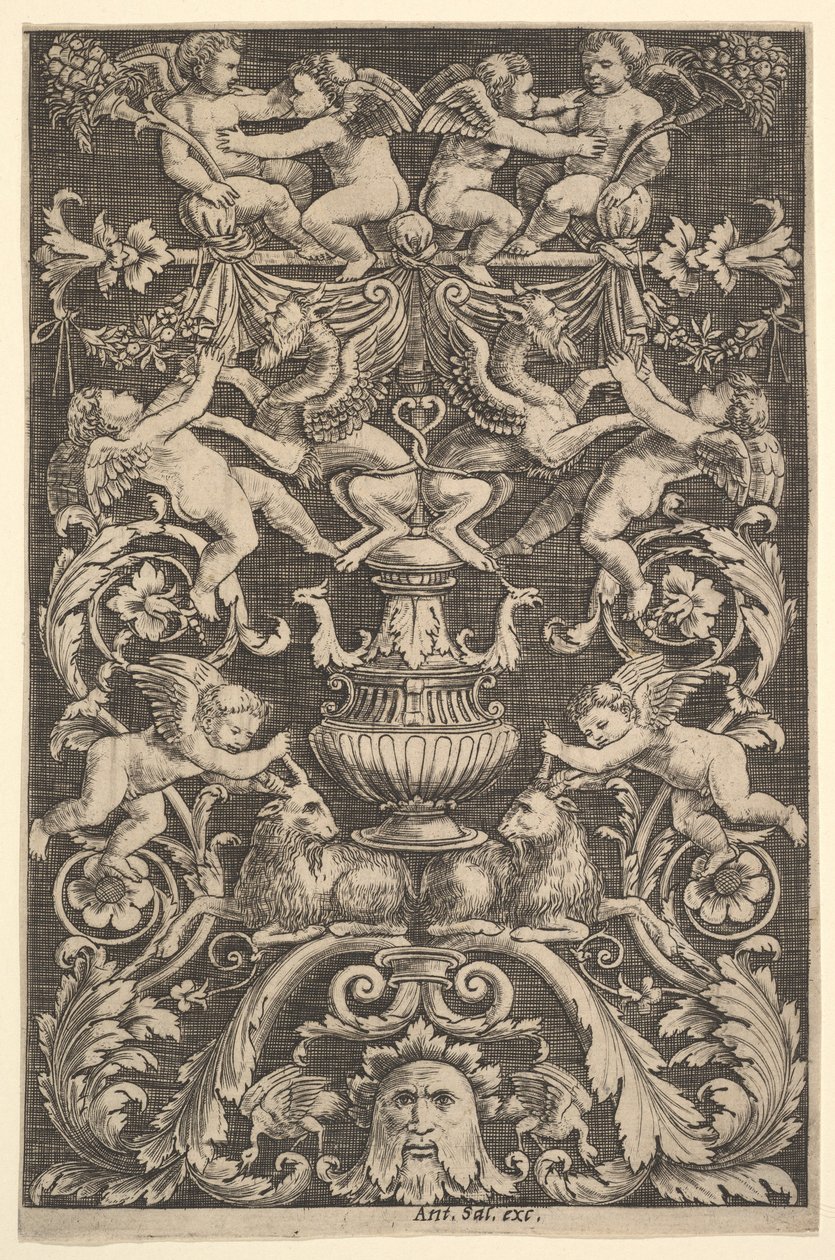 Ein Ornamentpanel mit Putti, Ziege und anderen Figuren, 1530-60 von Master of the Die