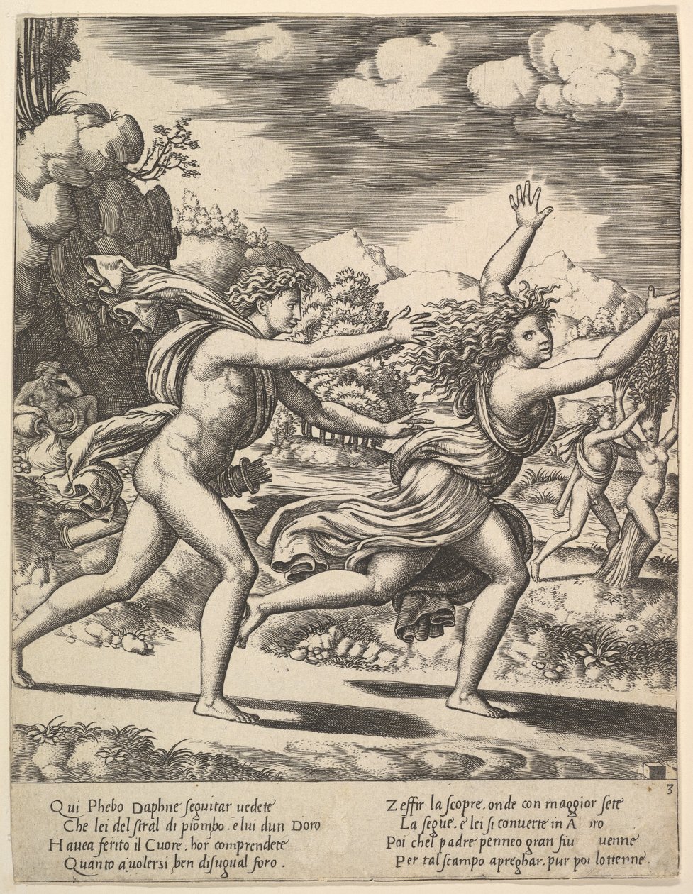 Apollo jagt Daphne, die ihre Arme hochwirft von Master of the Die