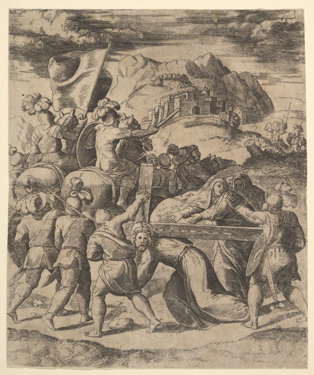 Christus trägt das Kreuz, umgeben von Soldaten, einige zu Pferd, 1530-60 von Master of the Die