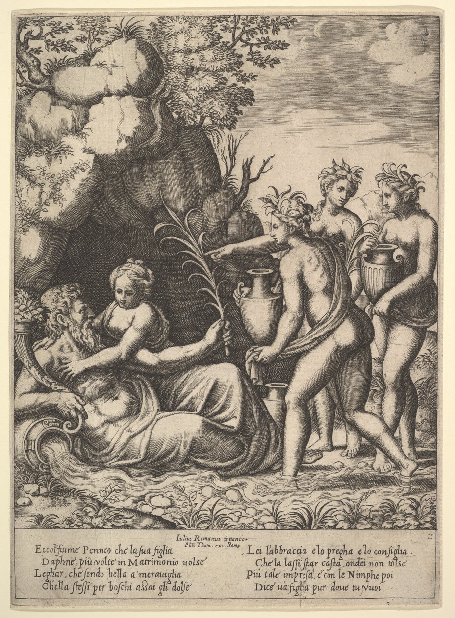 Daphne umarmt ihren Vater, den Flussgott Peneus, links bringen drei Nymphen Krüge ..., 1530-60 von Master of the Die