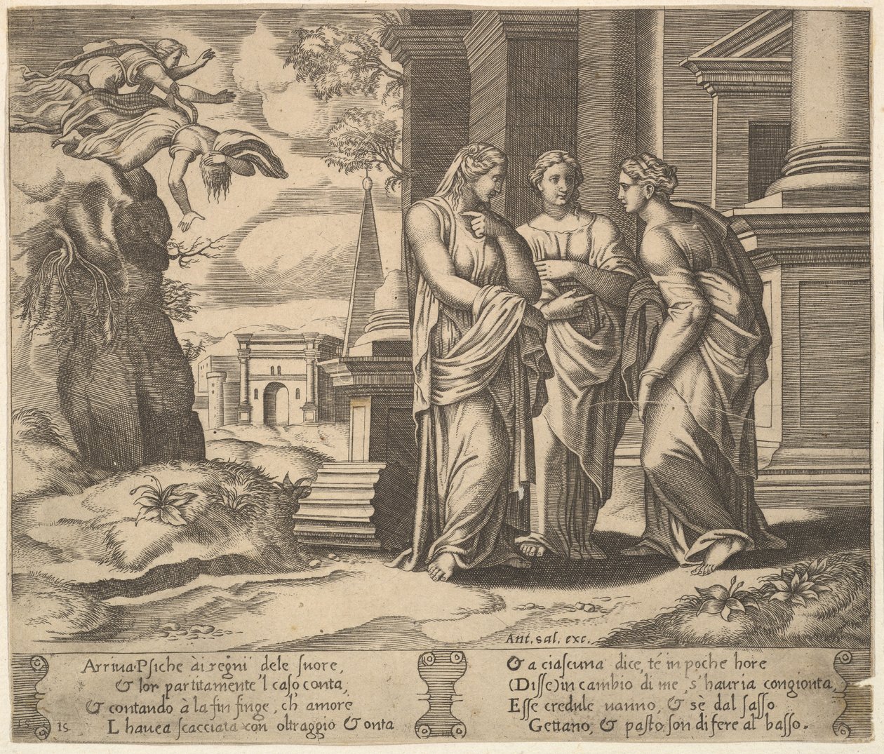 Tafel 15: Psyche erzählt ihren Schwestern von ihrem Unglück, aus Die Fabel von Psyche von Master of the Die