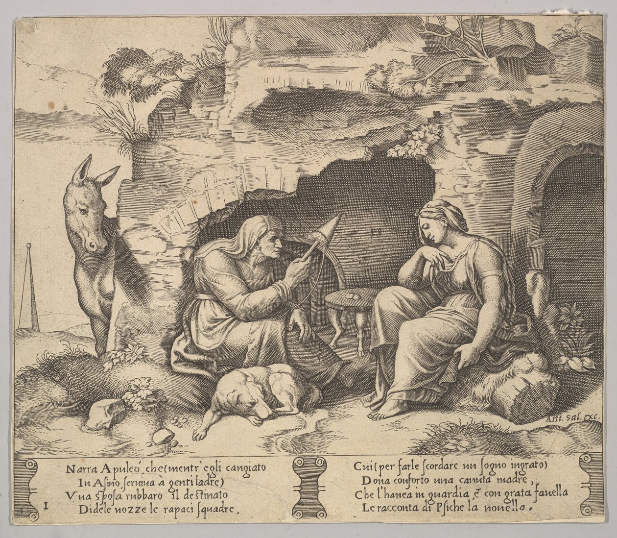 Tafel 1: Apuleius verwandelt sich in einen Esel und hört die Geschichte der alten Frau, 1520-70 von Master of the Die