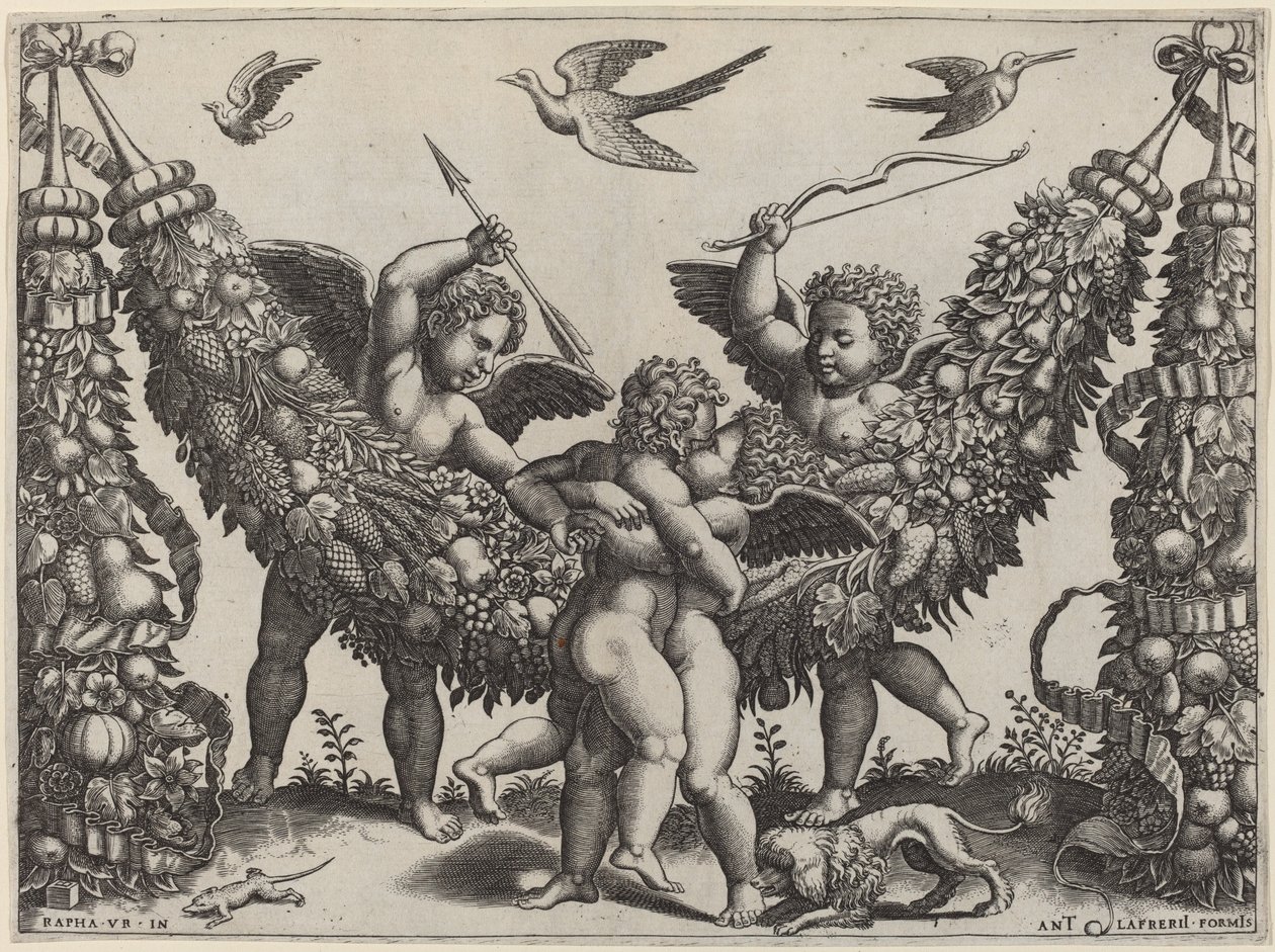 Zwei Putti... schlagen einen anderen, der ein Kind drückt von Master of the Die after Raphael