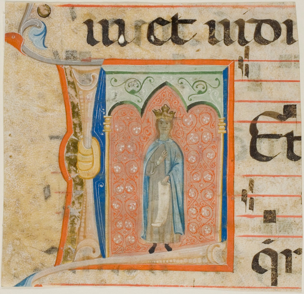 Heilige Frau in einem verzierten Initial "L" aus einem Chorbuch von Master of the Dominican Effigies