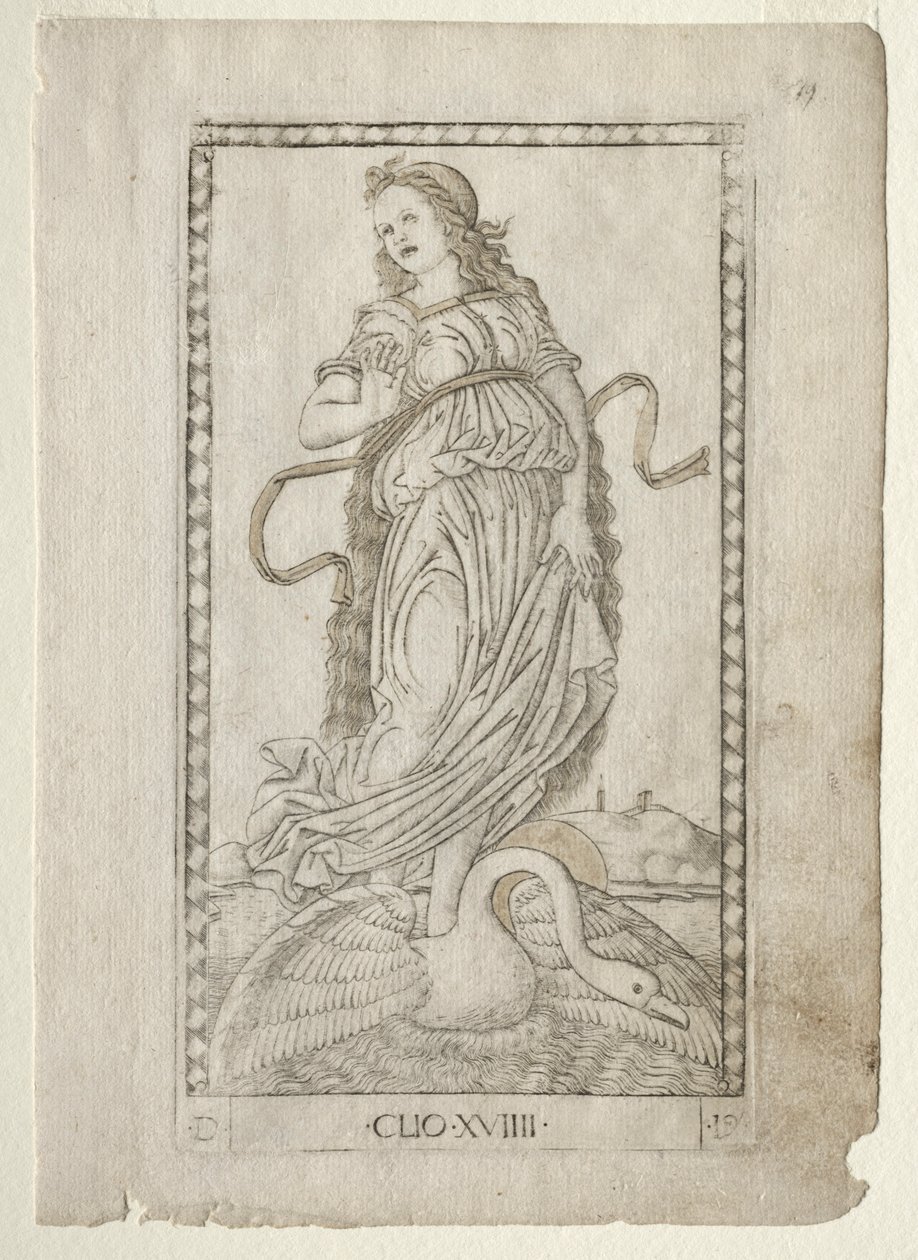 Clio Geschichte aus der Tarocchi-Serie D: Apollo und die Musen, Nr. 19, vor 1467 von Master of the E Series Tarocchi