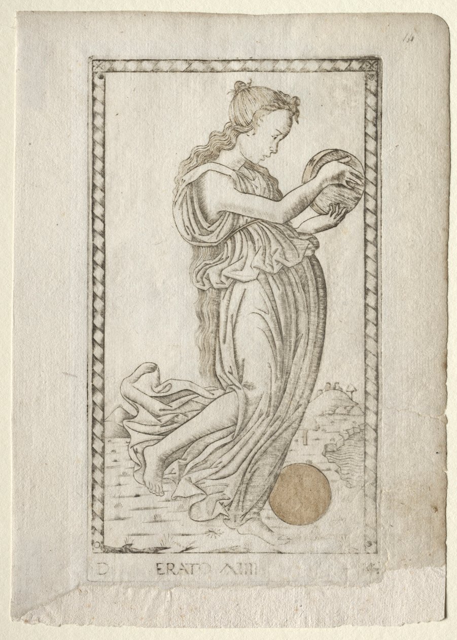 Erato Lyrik und Liebesdichtung aus der Tarocchi-Serie D..., vor 1467 von Master of the E Series Tarocchi