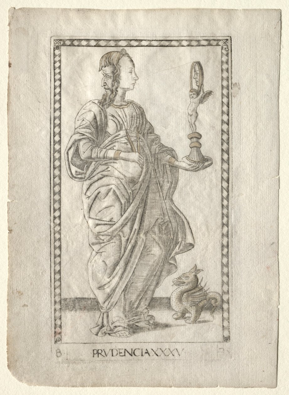 Klugheit aus dem Tarocchi, Serie B: Kosmische Prinzipien & Tugenden, Nr. 35, vor 1467 von Master of the E Series Tarocchi