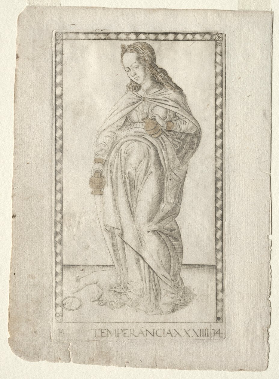 Mäßigkeit aus dem Tarocchi, Serie B: Kosmische Prinzipien & Tugenden, #34, vor 1467 von Master of the E Series Tarocchi