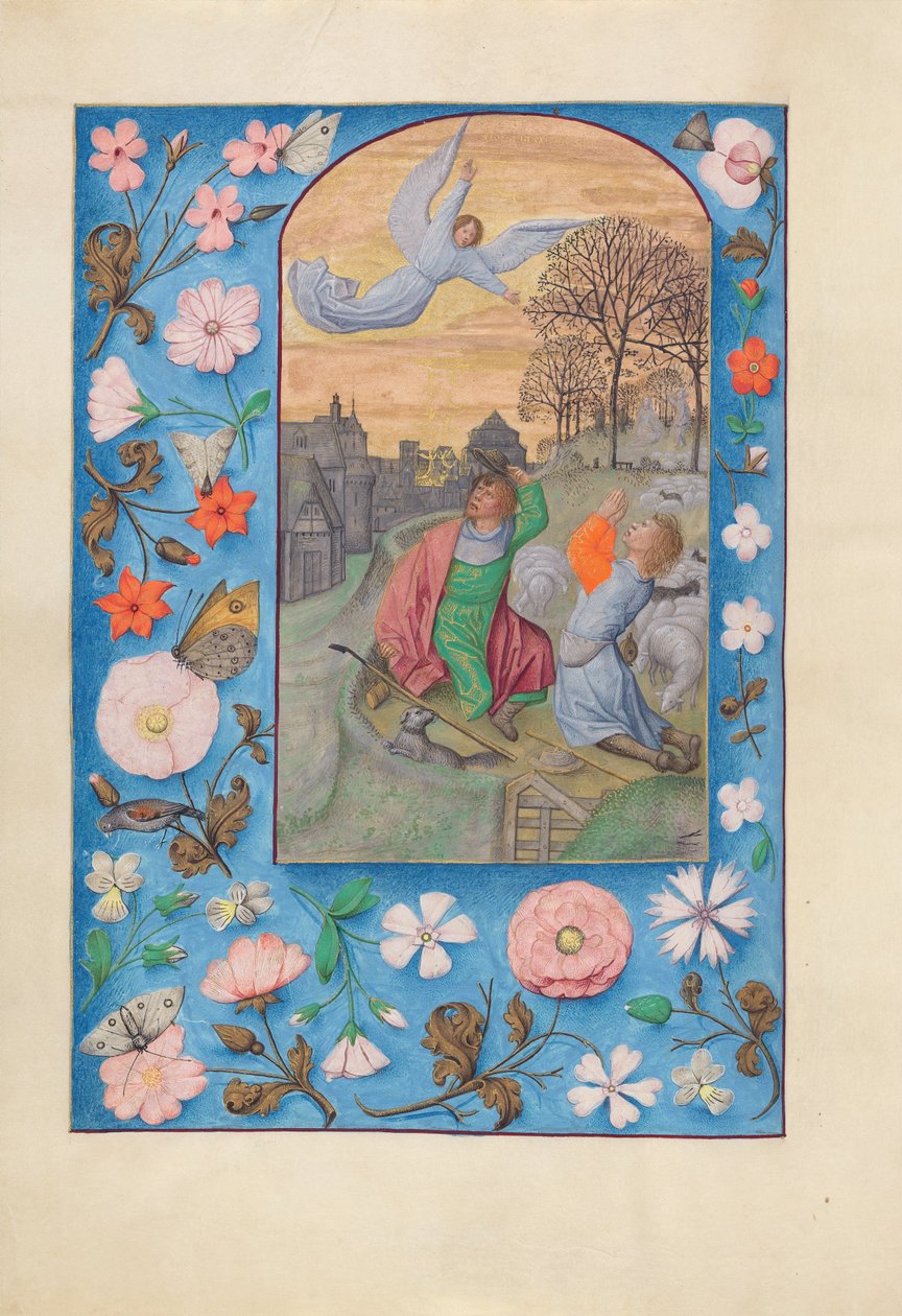 Stundenbuch von Königin Isabella der Katholischen, Königin von Spanien: Fol. 131v, Verkündigung an die Hirten von Master of the First Prayerbook of Maximillian