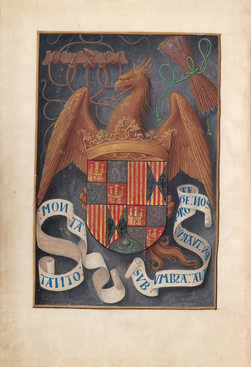 Stunden der Königin Isabella der Katholischen, Königin von Spanien: Fol. 1v, Wappen und Mottos von Isabel..., um 1500 von Master of the First Prayerbook of Maximillian