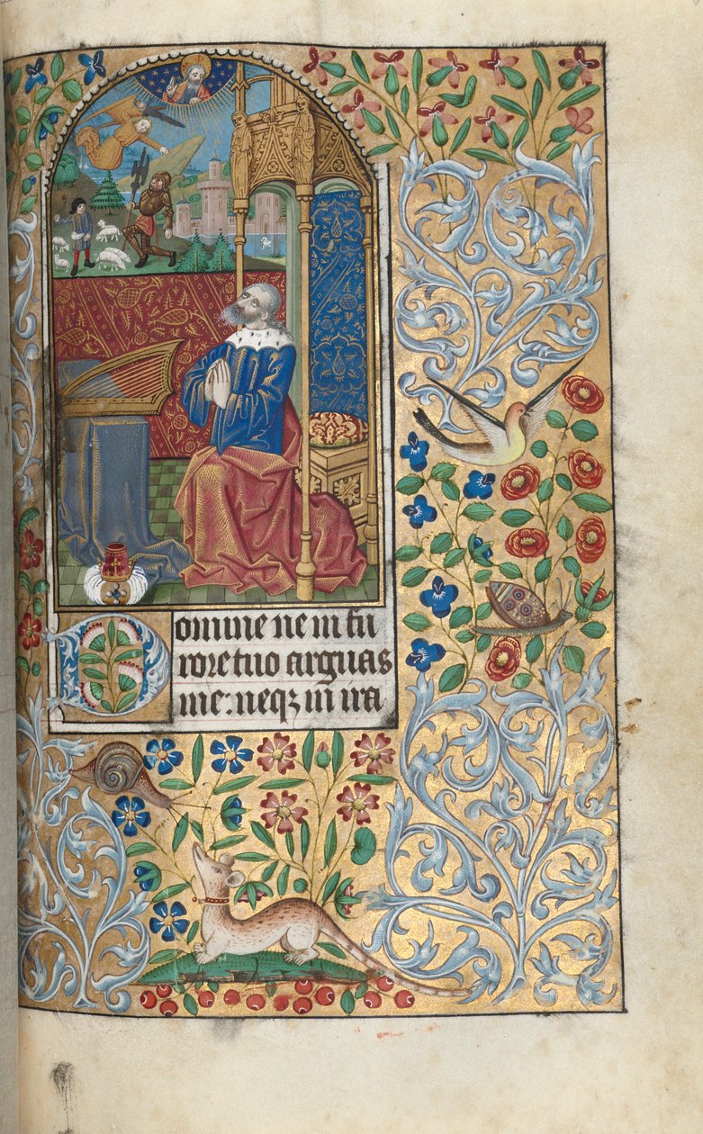 Stundenbuch Gebrauch von Rouen: fol. 80r, David reumütig, im Hintergrund David, der Goliath erschlägt, um 1470 von Master of the Geneva Latini