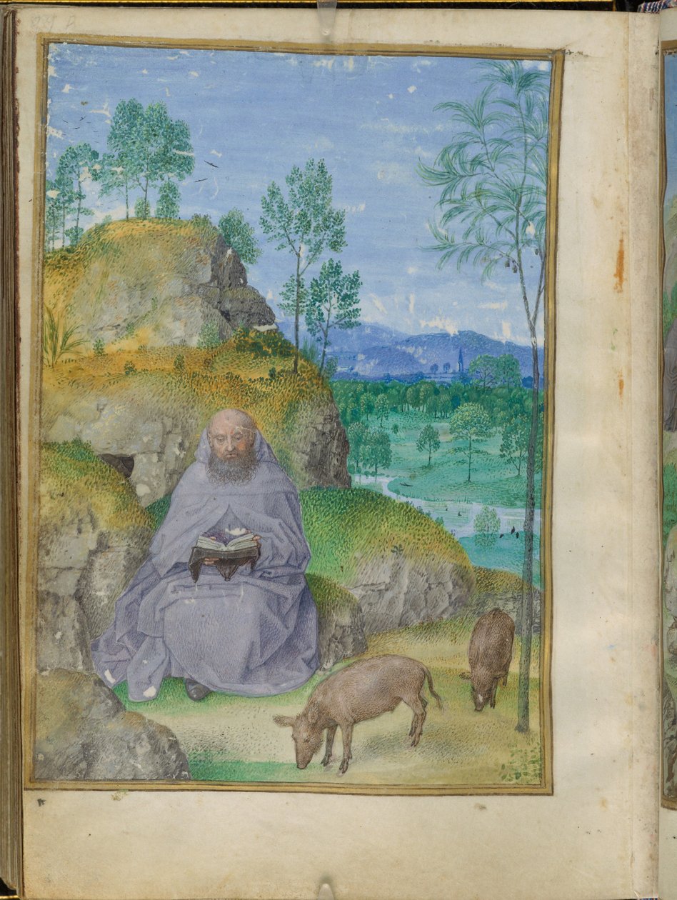 Heiliger Antonius der Abt in der Wüste, Miniatur aus den Stunden Emerson-White von Master of the Houghton Miniatures
