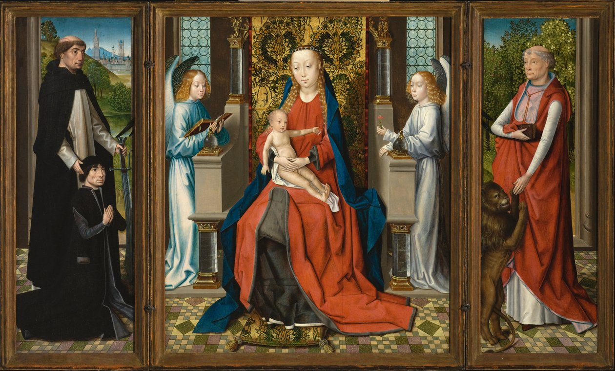 Triptychon der Madonna mit Kind und Engeln; Stifter und sein Schutzheiliger Petrus Märtyrer; und Heiliger Hieronymus von Master of the Legend of Saint Lucy