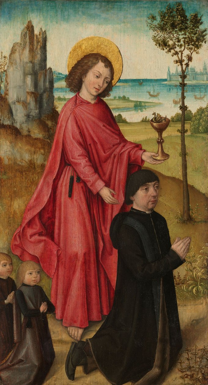 Ein Stifter und seine zwei Söhne mit dem heiligen Johannes dem Evangelisten von Master of the Legend of Saint Ursula