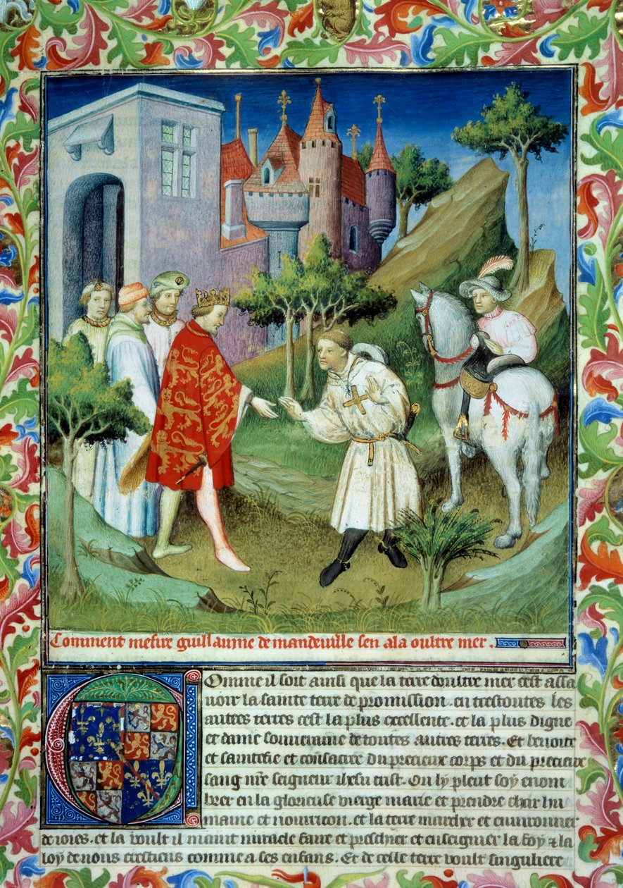 Johannes von Mandeville (1300-1372) verließ England, Miniatur in „Das Buch der Wunder der Welt“ von Master of the Mazarine