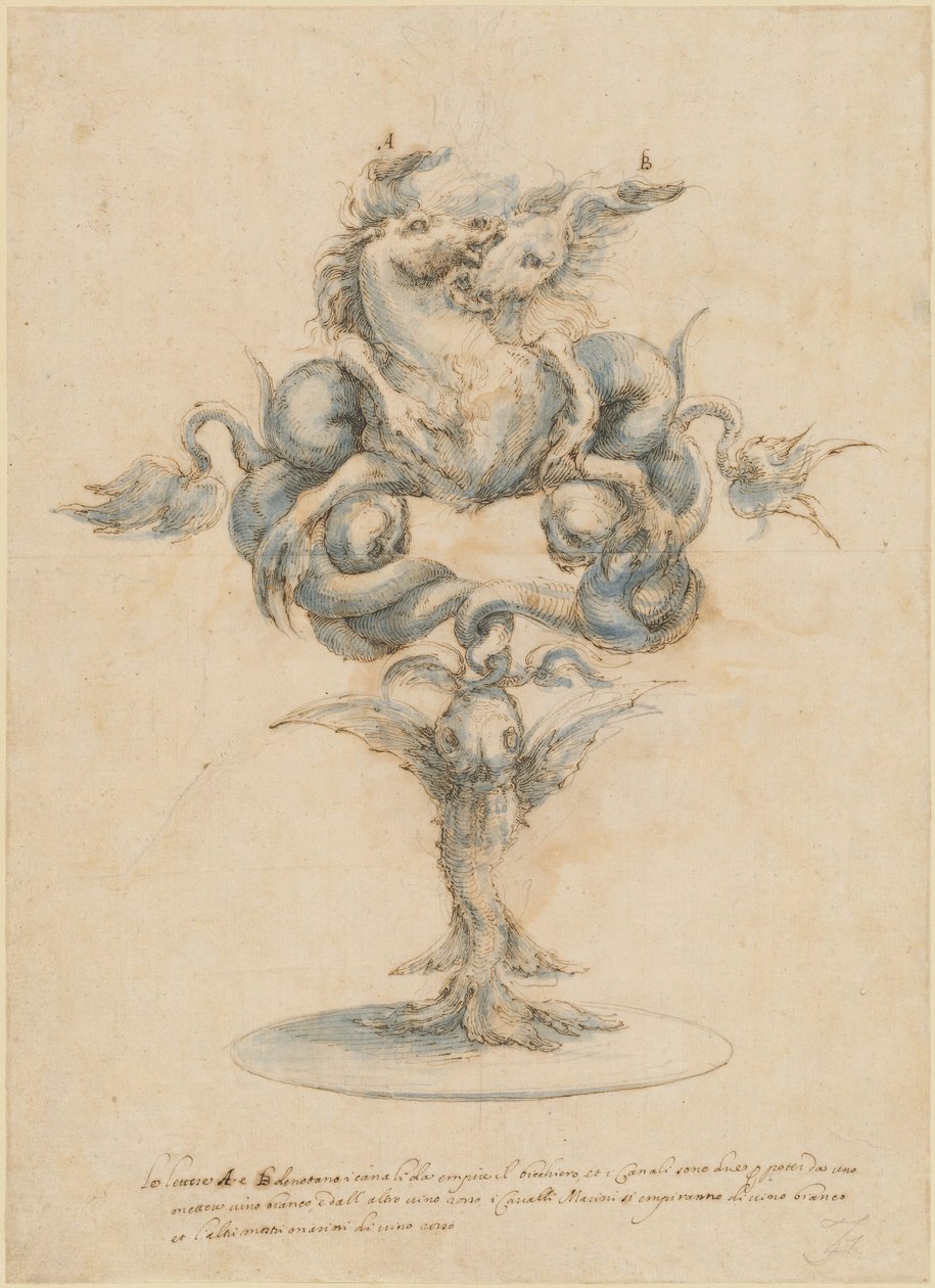 Eine Weinkaraffe mit zwei kämpfenden Seepferdchen von Master of the Medici Banquet Decanters
