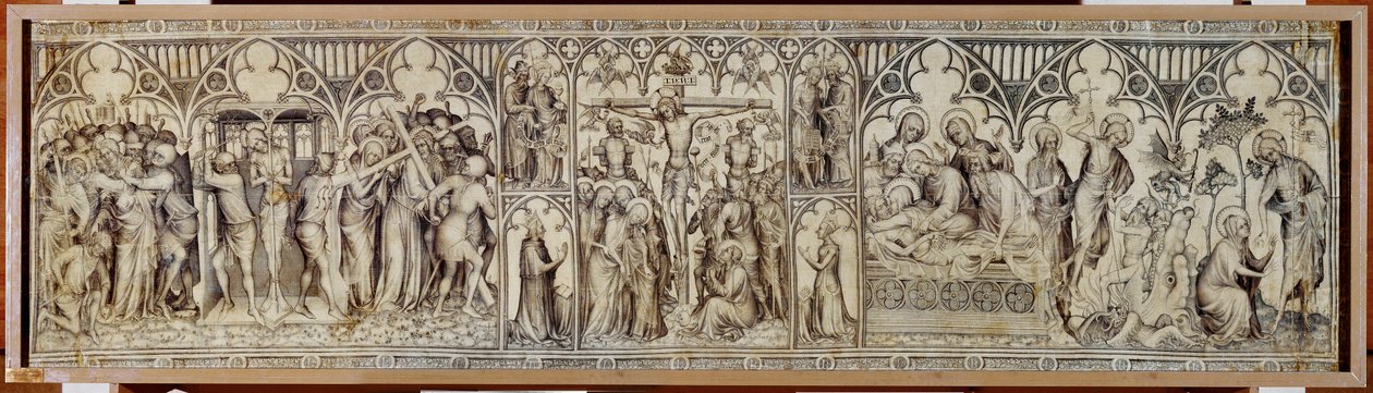Der Narbonne-Altar: Christus gefangen genommen, verspottet, Dornenkrone, Kreuzigung, Grablegung, Auferstehung von Master of the Parement of Narbonne