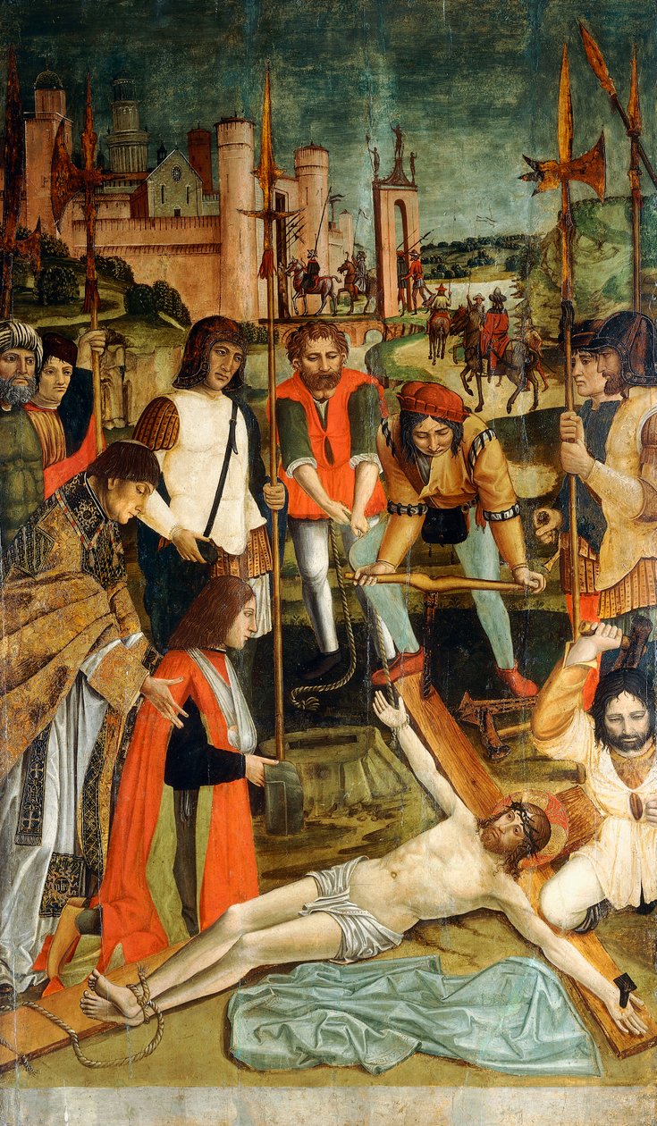 Christus ans Kreuz genagelt mit einem Spender mit einem Arm in einer Schlinge, präsentiert von einem Priester von Master of the Pavia Deposition