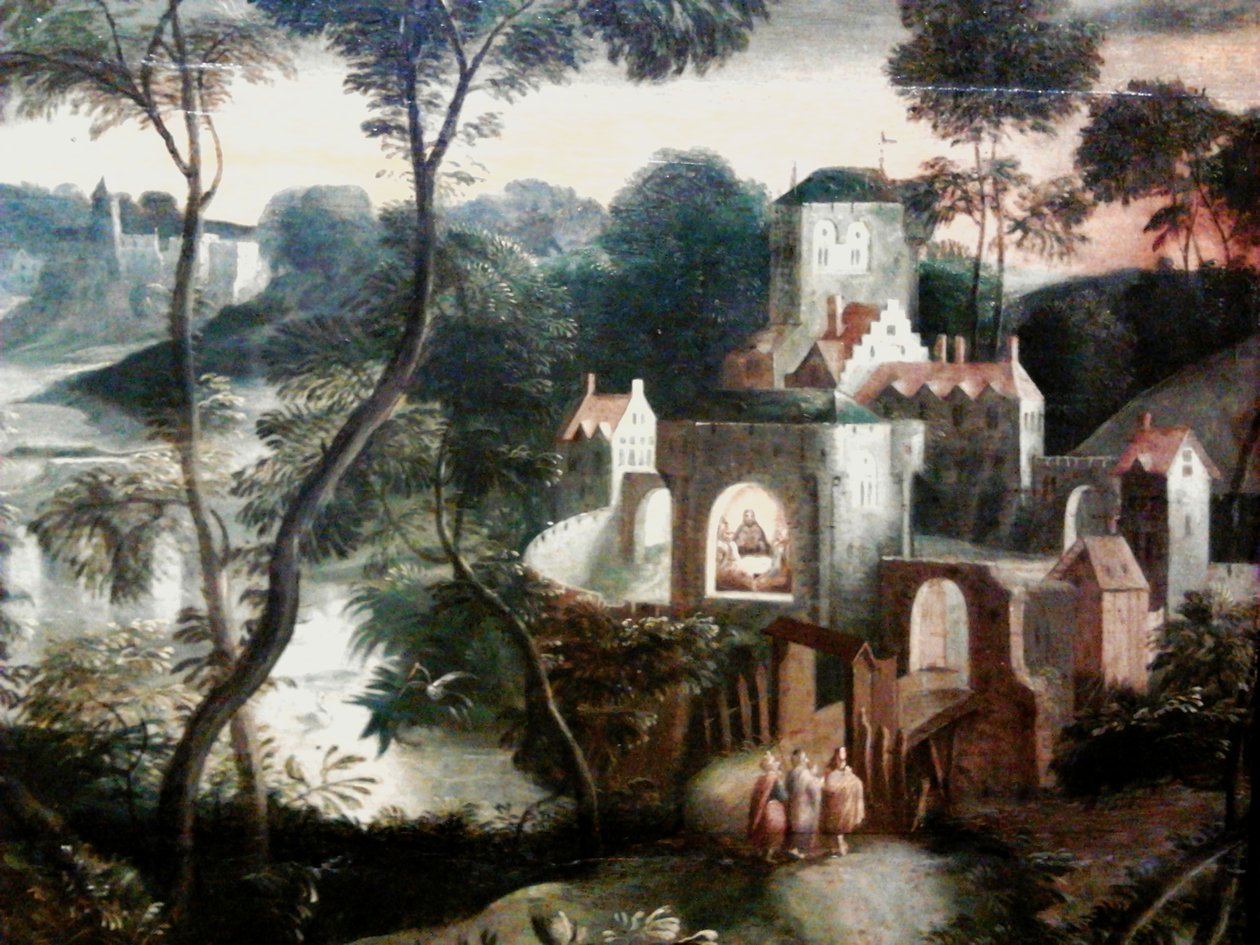 Christus mit Jüngern auf dem Weg nach Emmaus (Detail) von Master of the Prodigal Son