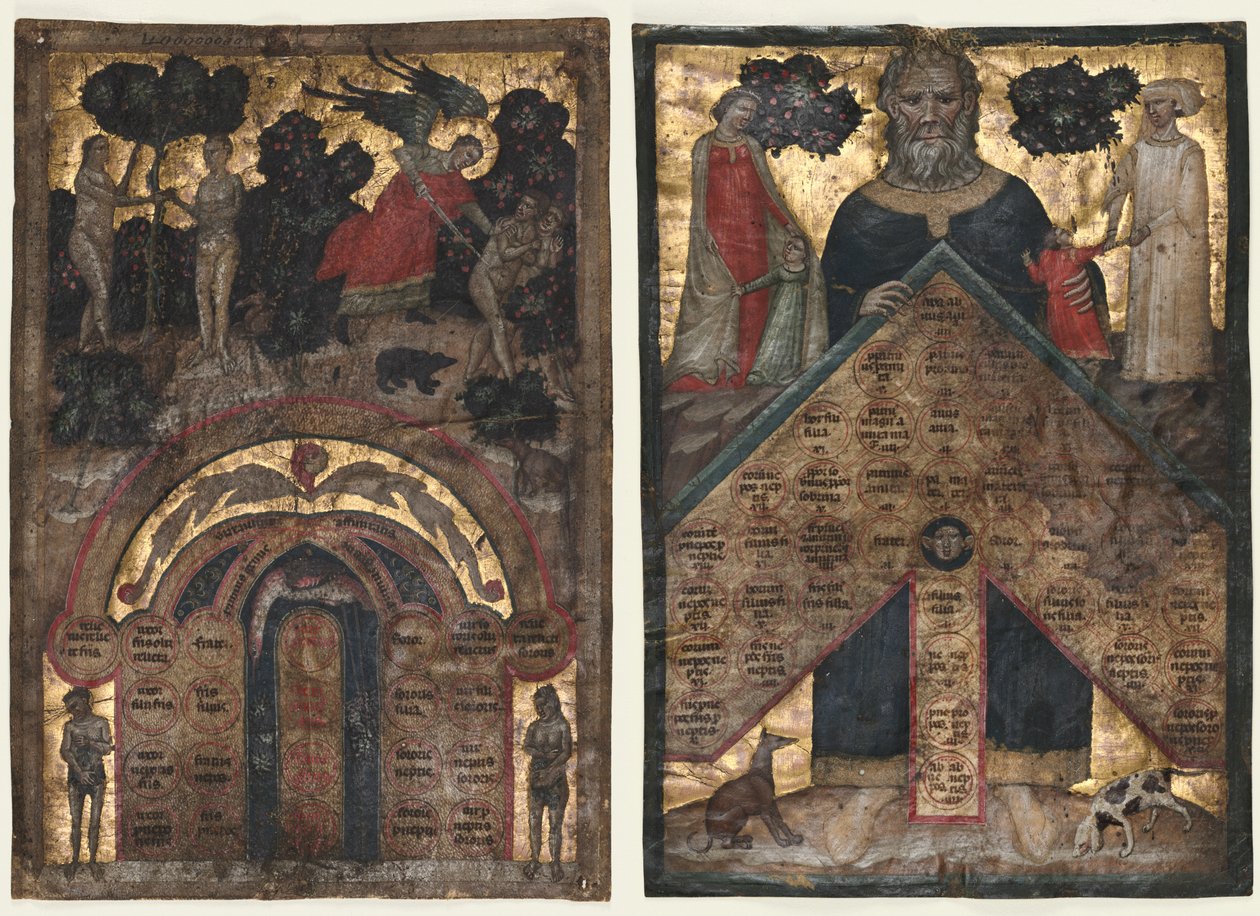 Blätter aus einem Band von Johannes Andreas "Lectura super arboris consanguinitatis et affinitatis: Tabelle der Affinität und Tabelle der Blutsverwandtschaft" von Master of the Register of 1328
