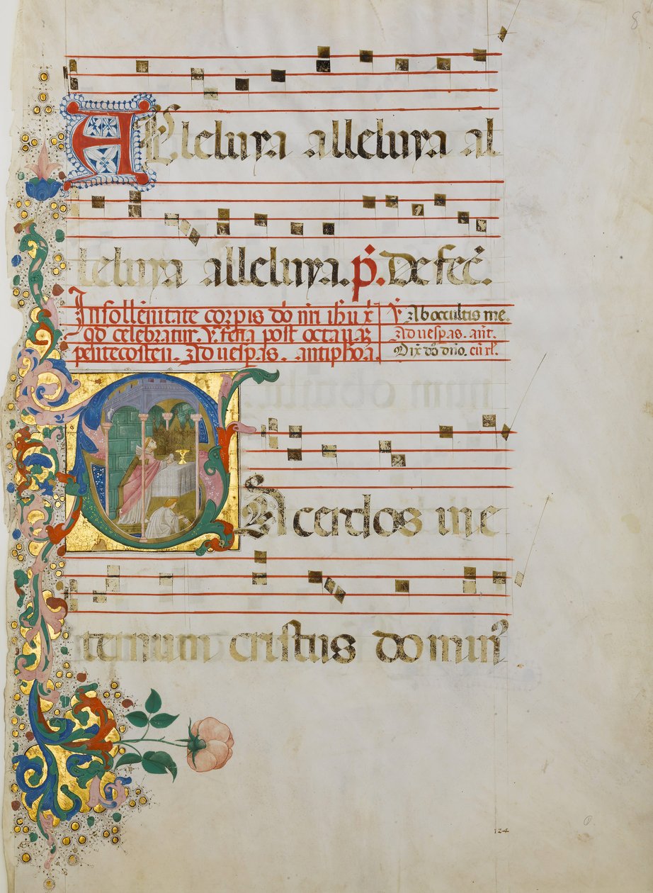 Manuskriptblatt mit der Feier einer Messe in einem Initial S von Master of the Riccardiana Lactantius