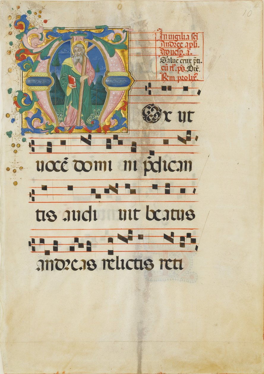 Manuskriptblatt mit dem Fest des Heiligen Andreas in einem Initial M ..., zweite Hälfte des 15. Jahrhunderts von Master of the Riccardiana Lactantius