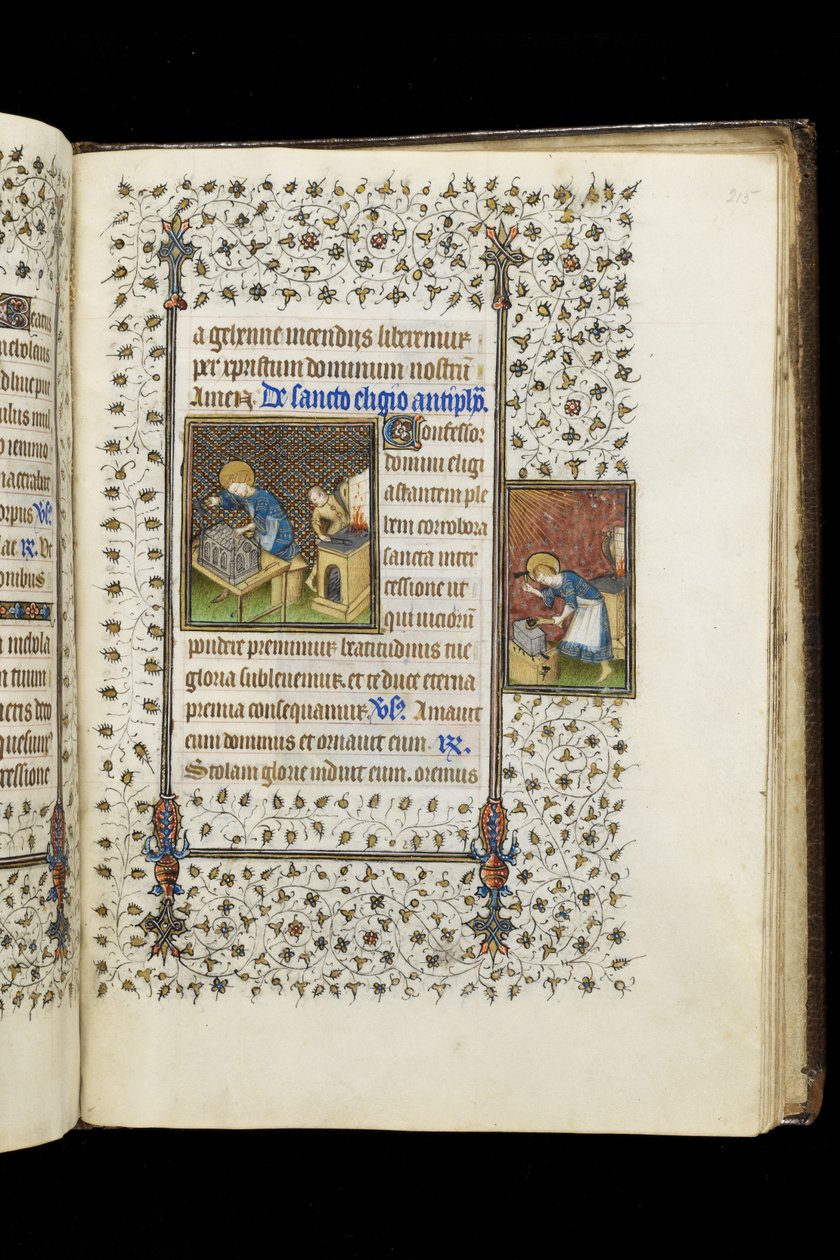 Ms 62 f.215r St. Eligius macht ein Heiligtum; St. Eligius an einem Amboss, aus einem Stundenbuch, ca. 1445-50 von Master of the Rohan Hours