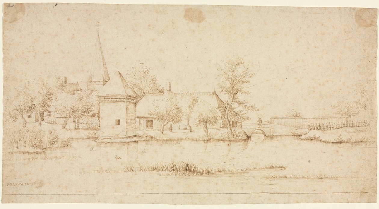 Landschaft mit einem Dorf mit Wassergraben, 1559-1561 von Master of the Small Landscapes