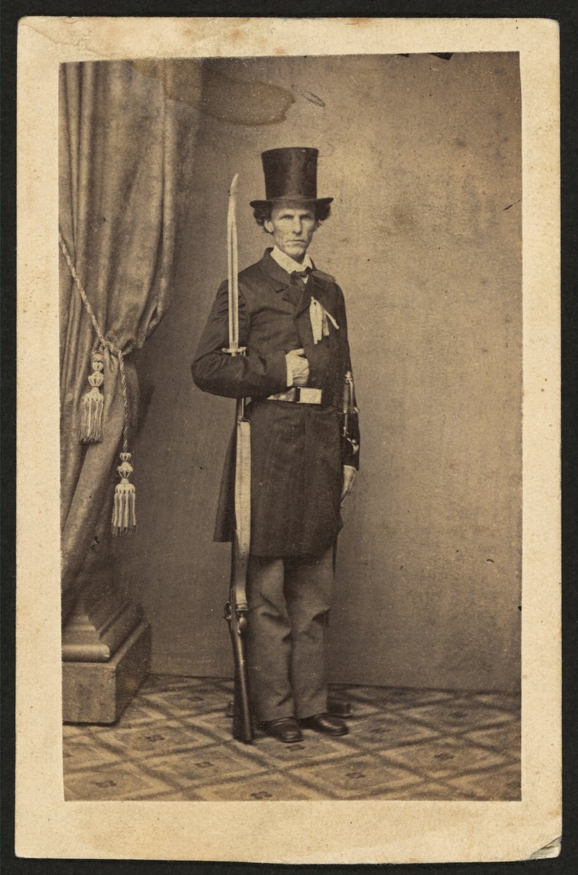 James Henry Lane (1814-1866), Politiker und Anführer der Free State Party von Kansas, Ganzkörperporträt mit Gewehr (Sepia-Foto) von Mathew B. Brady