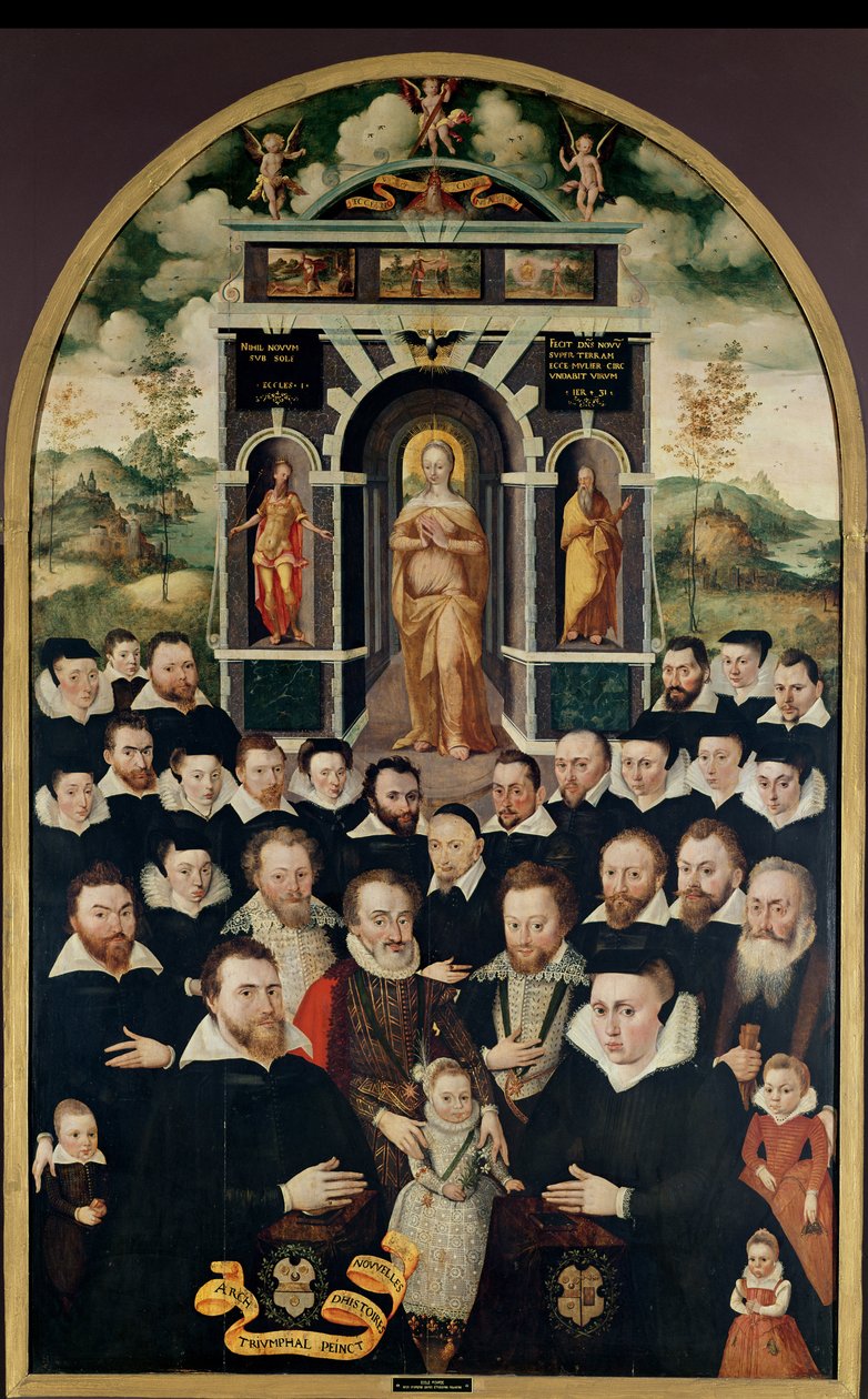 Allegorisches Panel, das die Jungfrau, Henri IV (1553-1610) und Höflinge, Stifter, seine Frau und Mitglieder ihrer Familie darstellt von Mathieu Prieur