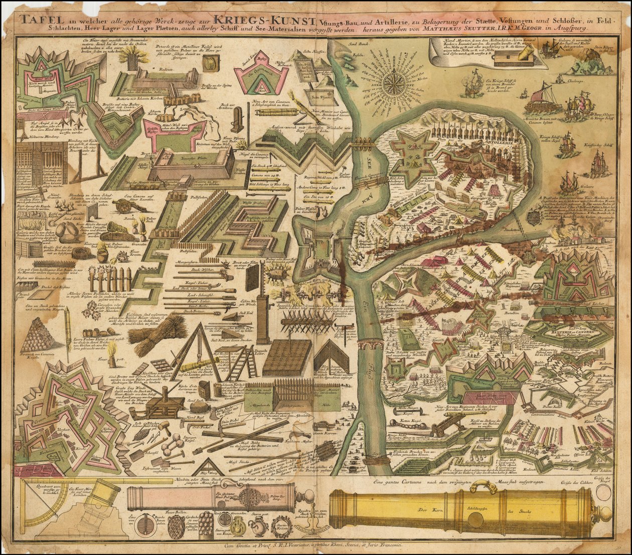 Allegorische Karte von Seutter aus dem Jahr 1720, die die Kriegskunst zu Land und zu Wasser zeigt von Matthäus Seutter