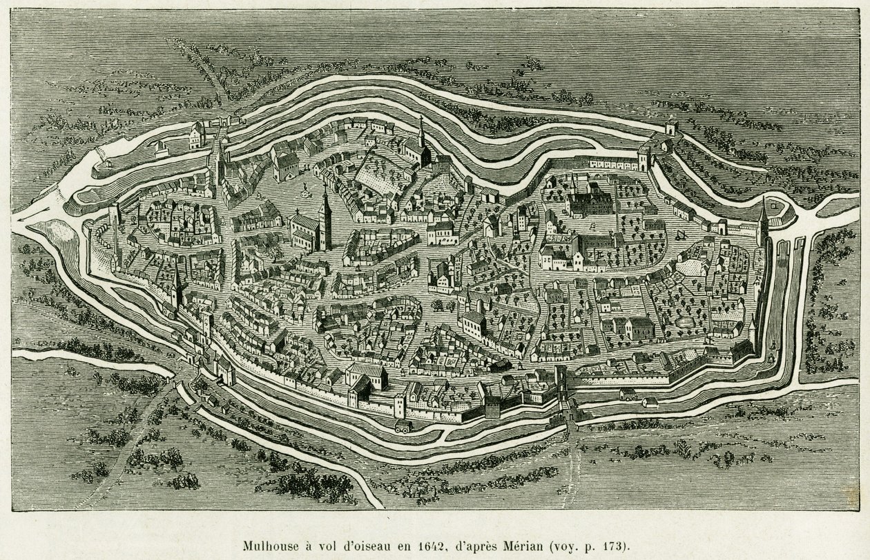 Mulhouse fliegt 1642. Gravur von Matthäus Merian (1593-1650) zur Illustration der Geschichte „Durch Elsass und Lothringen“ von Charles Grad, deutscher Abgeordneter, 1885, in Le Tour du monde 1886, herausgegeben von Edouard Charton (1807-1890), Hachette, Pa von Matthaus the Elder (after) Merian