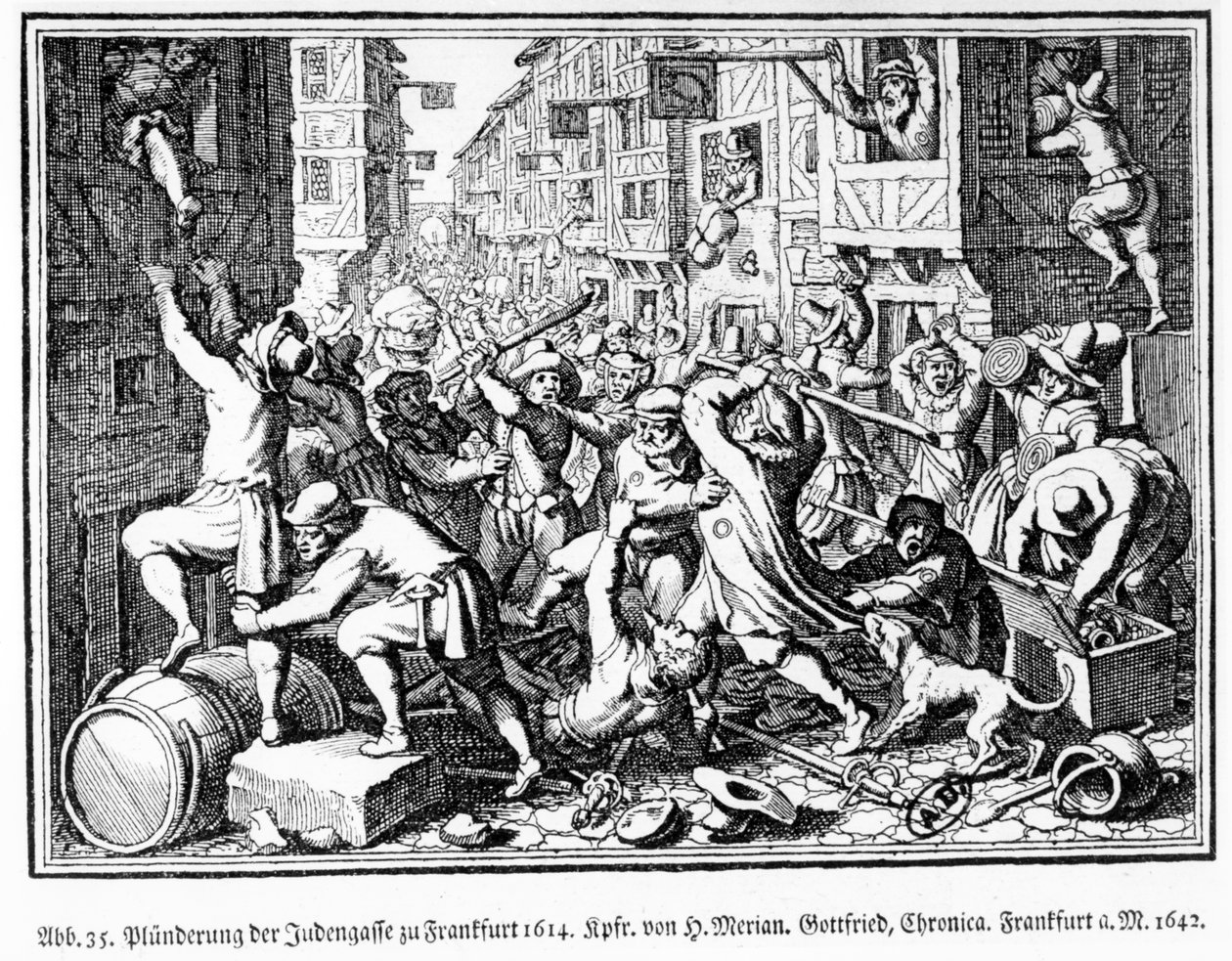 Plünderung des jüdischen Viertels während der Fettmilch-Unruhen in Frankfurt am 22. August von Matthaus the Elder (after) Merian