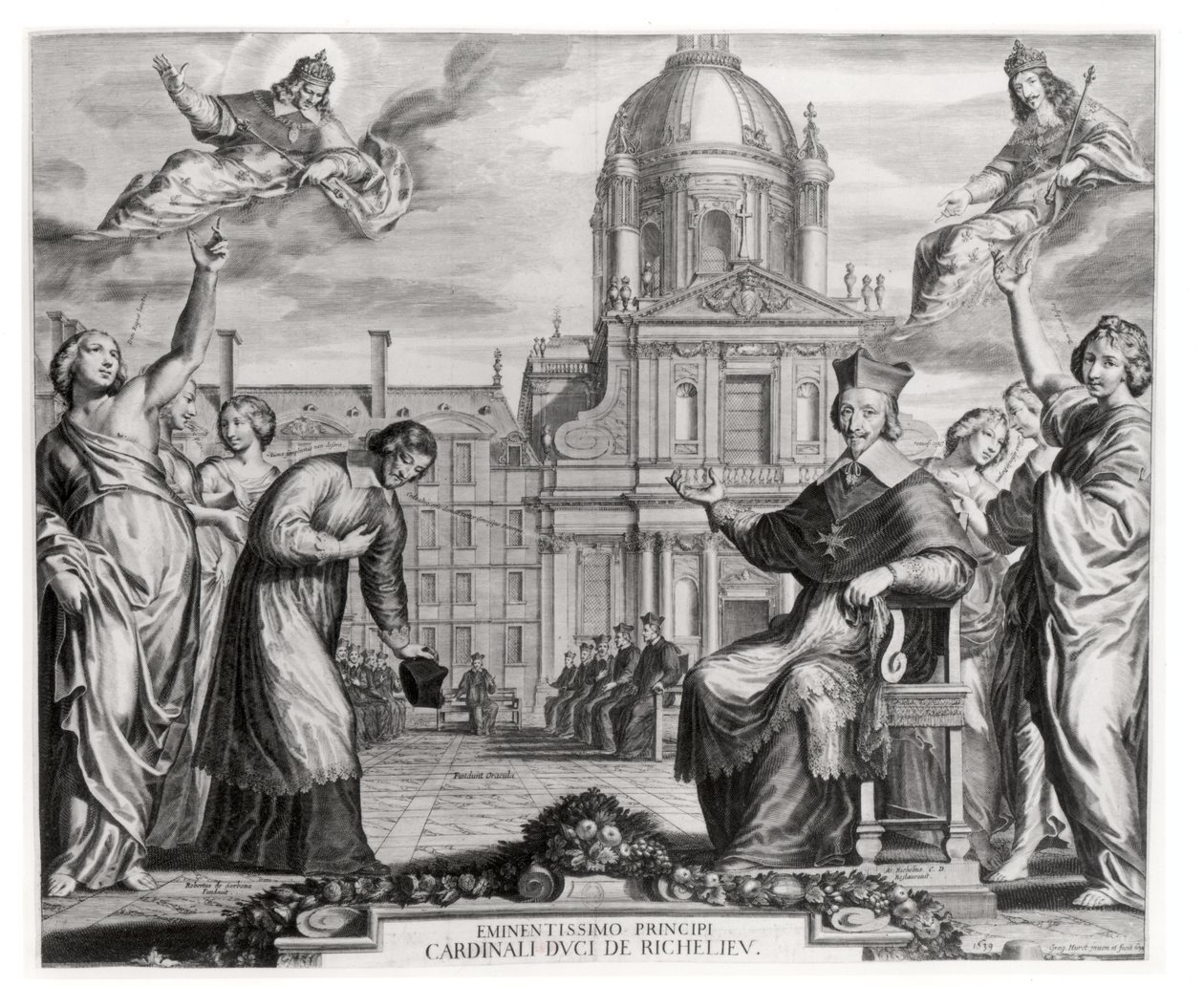 Robert de Sorbon (1201-94) und Kardinal Richelieu (1575-1642) vor der Sorbonne, graviert von Gregoire Huret (1606-70) 1639 von Matthaus the Elder Merian