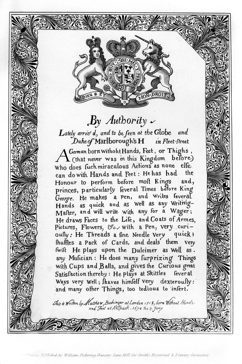 Kalligraphische Ausstellung von Matthew Buchinger, Zwerg von Nürnberg, 1717 von Matthew Buchinger