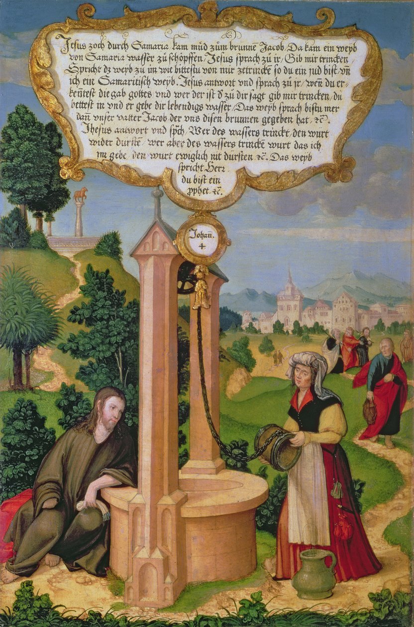 Christus und die Frau aus Samaria am Jakobsbrunnen, Flügeltafel des Mompelgarter Altars von Matthias Gerung or Gerou