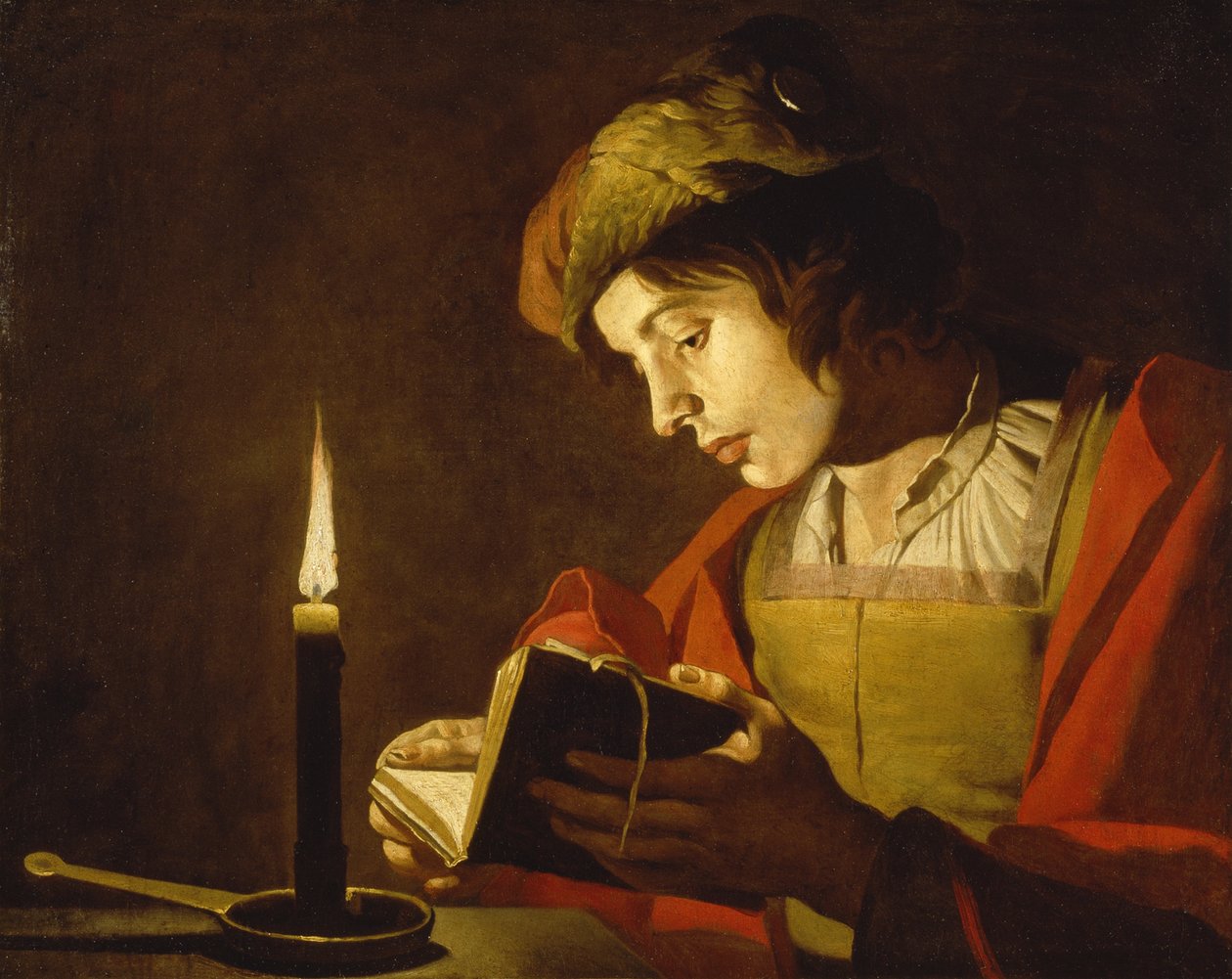 Ein junger Mann liest bei Kerzenlicht von Matthias (c.1600 p.1650) Stomer