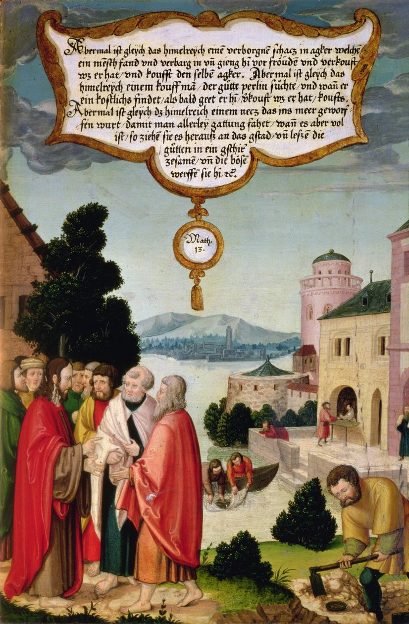 Das Himmelreich gleicht einem Netz, das ins Meer geworfen wurde und Fische aller Art sammelte (Matthäus 13) Illustration der Lehre Christi, Abschnitt des Flügelpanels vom Mompelgarter Altarbild von Matthias Gerung or Gerou