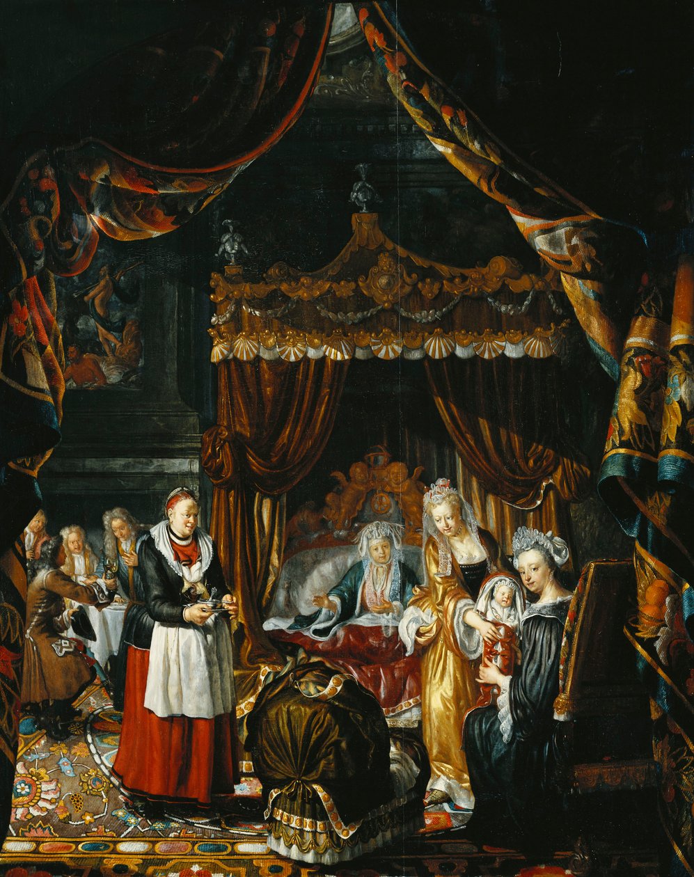 Ein prächtiges Interieur mit einer Familie, die die Geburt eines Kindes feiert von Matthys Naiveu