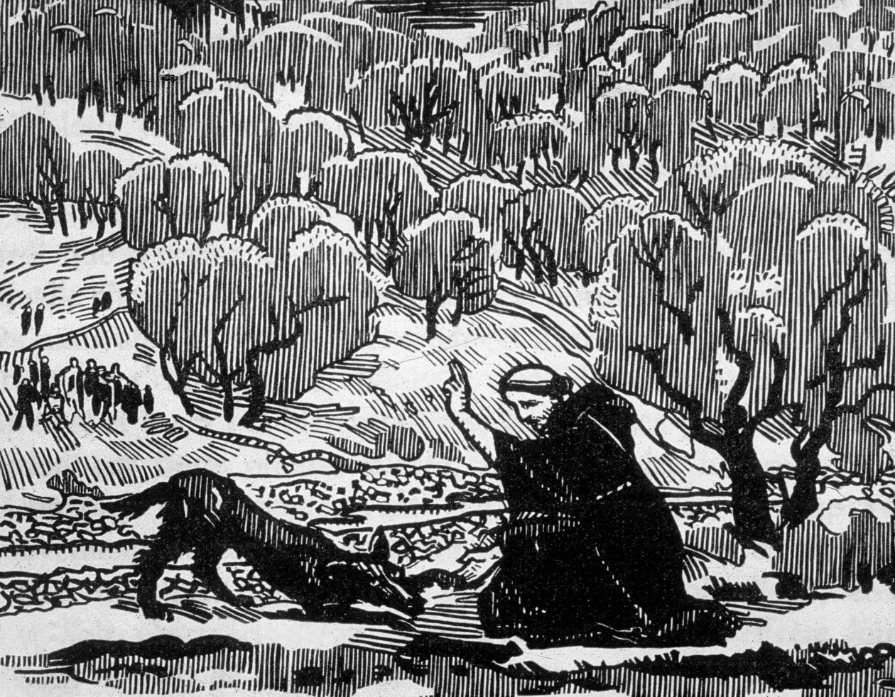 Bekehrung des Wolfes von Agubbio durch den heiligen Franziskus von Assisi, graviert von Jacques Beltrand nach einer Zeichnung von Maurice Denis von Maurice (after) Denis