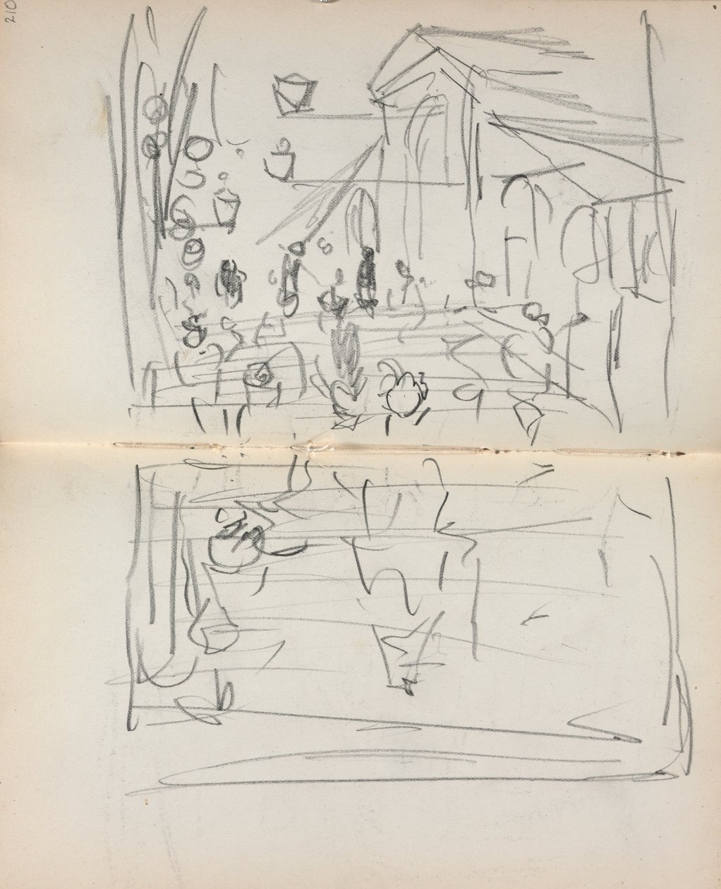 Italienisches Skizzenbuch: Brücke mit Figuren Seite 209 & 210, 1898-1899 von Maurice Brazil Prendergast