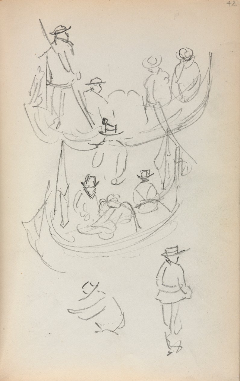 Italienisches Skizzenbuch: Zwei Gondeln mit Figuren, 1898-1899 von Maurice Brazil Prendergast