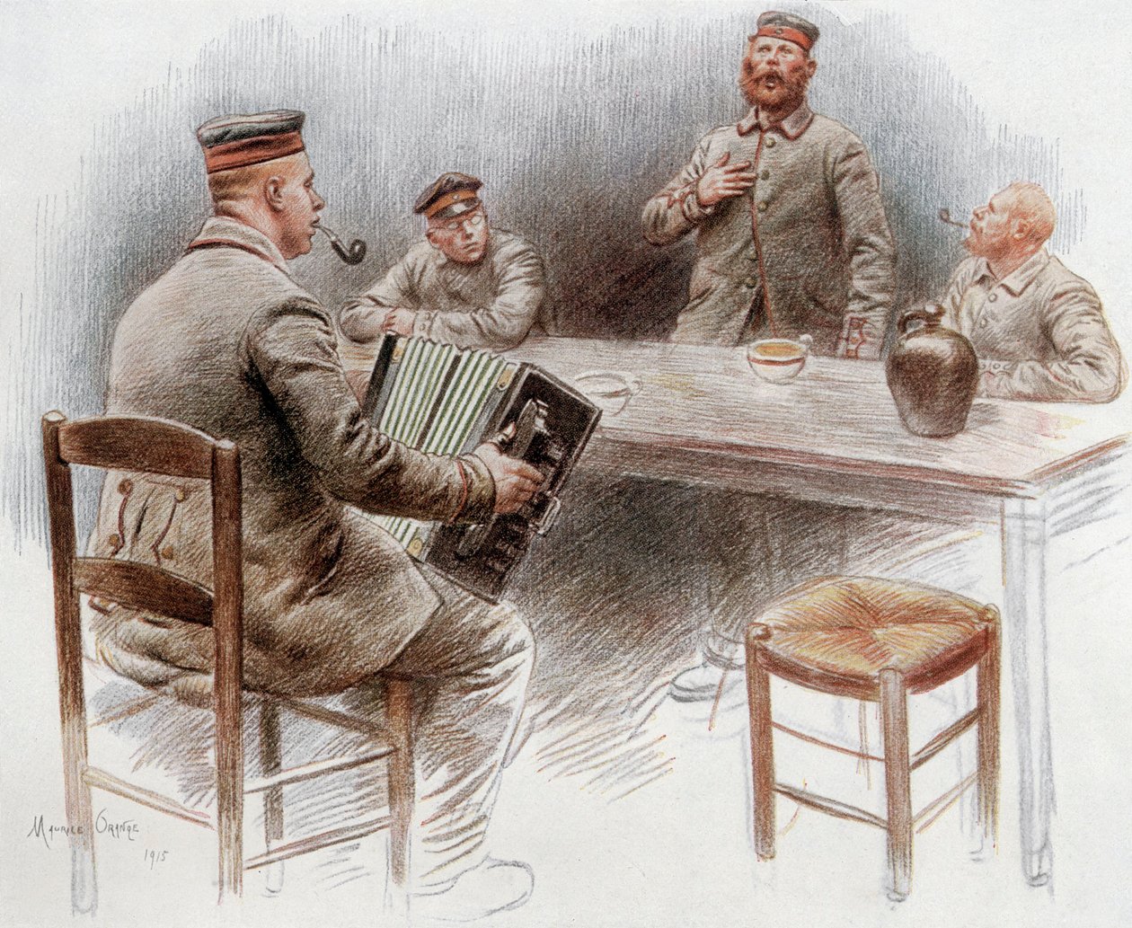 Gefangene spielen Akkordeon und singen im Gefangenenlager in Dinan von Maurice Henri Orange