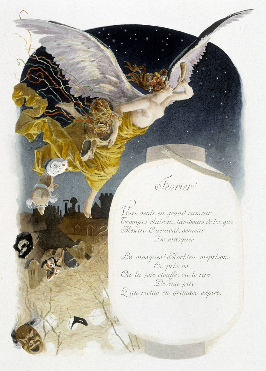 Februar „La Chanson du mois“ von Jérôme Doucet, Illustration - Maurice Leloir, Ausgabe Reims 1904. L. Michaud von Maurice Leloir