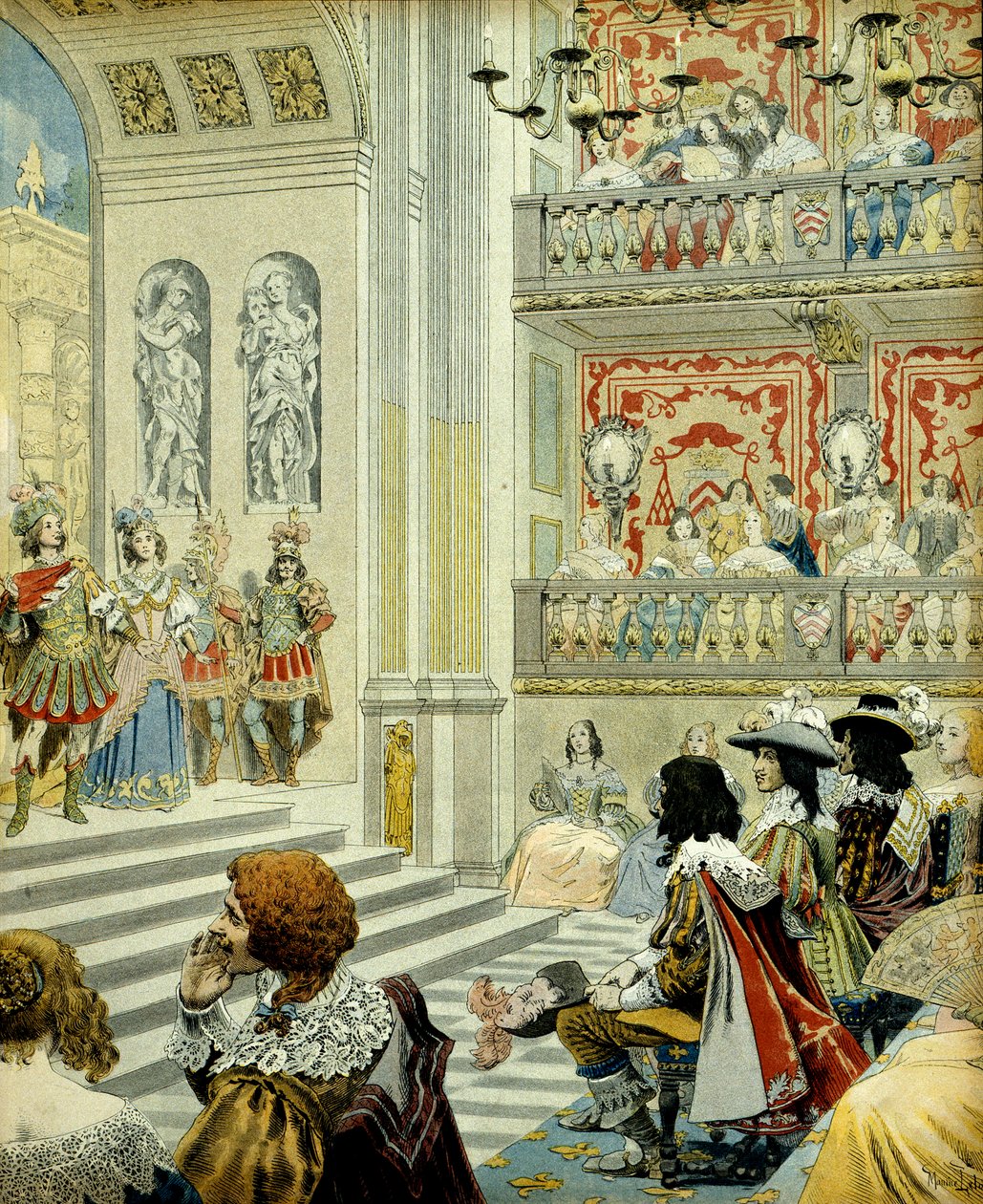 Geschichte Frankreichs: Aufführung im Theater des Kardinalspalastes (heute der Königspalast) des Stücks „Mirame“, einer heroischen Komödie, geschrieben 1641 von Kardinal Richelieu von Maurice Leloir