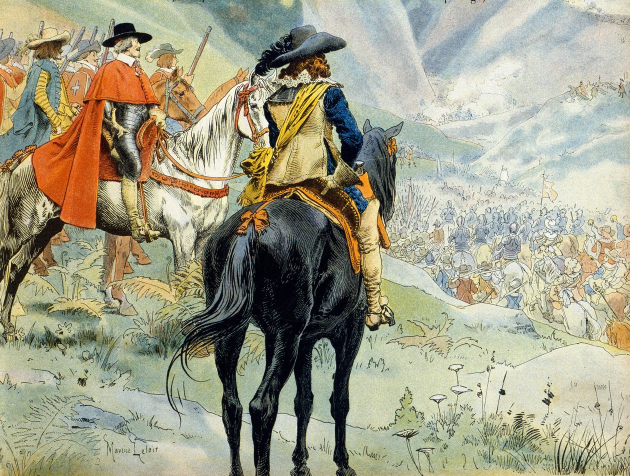 Geschichte Frankreichs: Krieg um die Nachfolge von Mantua (1628-1631) während des Dreißigjährigen Krieges. Die Schlacht am Pas de Suze (Susa) mit König Ludwig XIII. (1601-1643) und Kardinal Richelieu (Armand Jean du Plessis) von Maurice Leloir